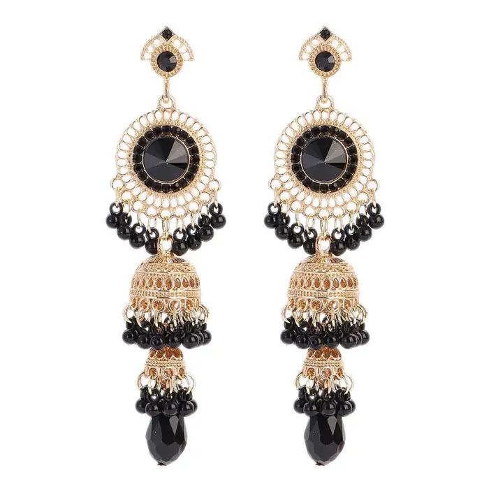 Boucles d'oreilles ethniques de luxe pour femmes, couleur or, Jhumka, Vintage, rondes, longues, pend