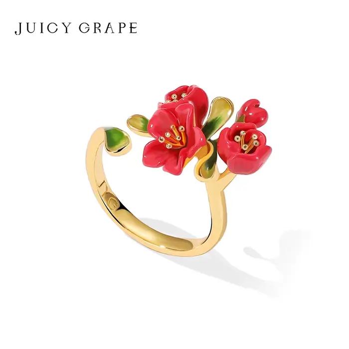 Bague en émail fleur de bégonia rouge plaquée or 18k zirconium pour femme occasions spéciales cadeau anniversaire noël