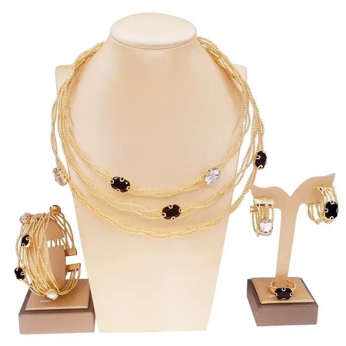 SYBathroom-Ensemble de Bijoux de Luxe pour Femme, Classique, Noir, Blanc, Strass, Plaqué Or, Collier, Bracelet, Original, L 24K