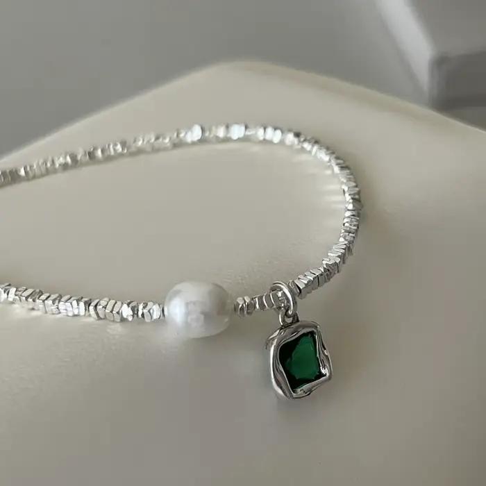 Collier de perles avec pendentif vert émeraude en argent Sterling 925 pour femmes