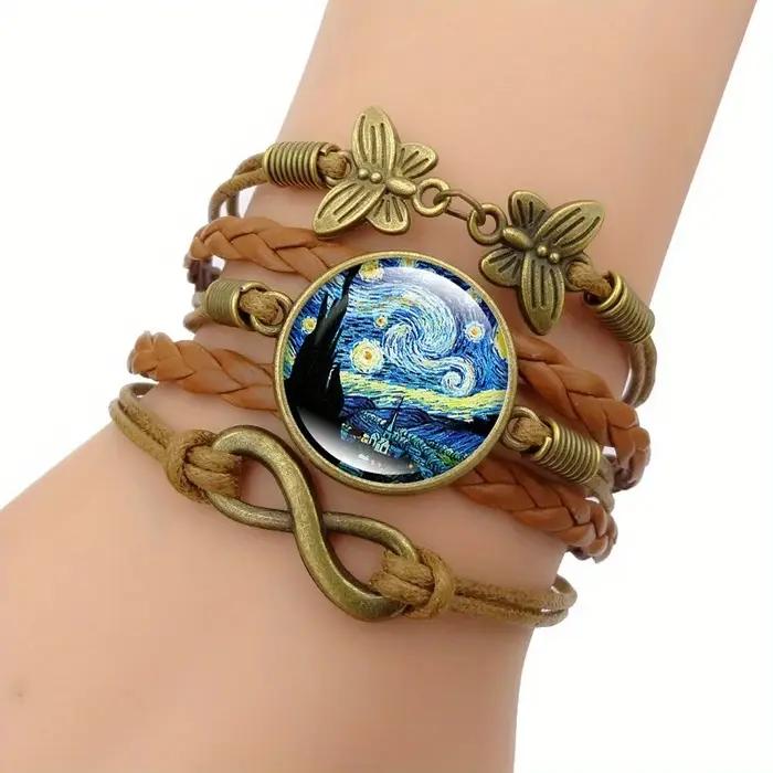 Vintage Van Gogh nuit étoilée dôme en verre Bracelet en cuir Bronze plaqué papillon Bracelets pour femme