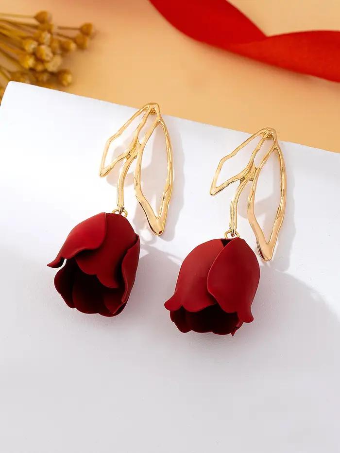 Boucles d'Oreilles Pendantes en Forme de Rose Vin Rouge Pour Femmes Usage Quotidien Vacances Cadeau Fête