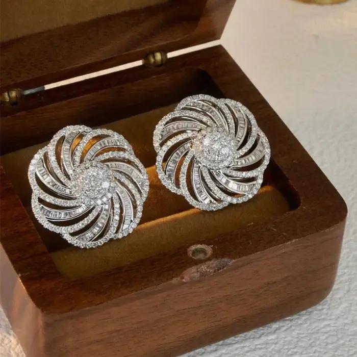 Boucles d'oreilles fleur de charme pour femmes, diamant de laboratoire, bijoux remplis d'or blanc, f