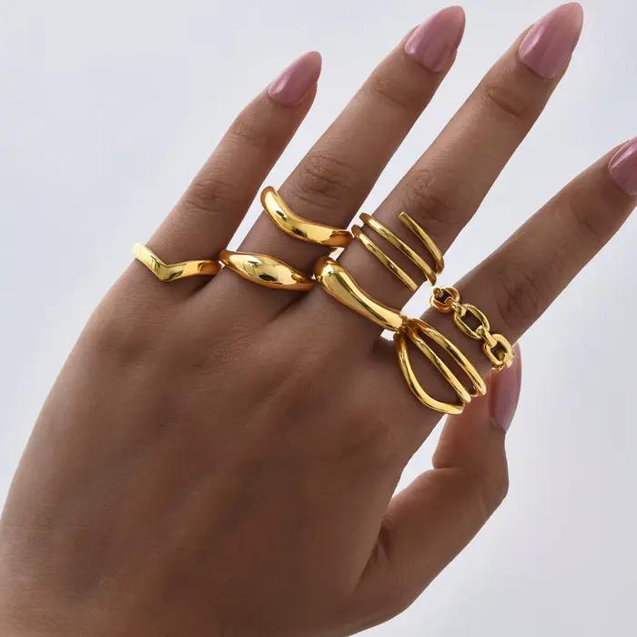 Bague épaisse Double couche pour femmes, acier inoxydable plaqué or, bague radiale à bande de déclaration hautement polie