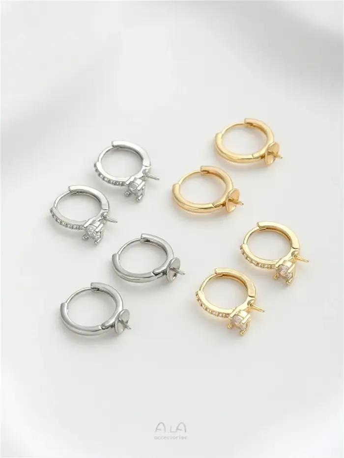 Boucle d'oreille en perles demi-trou incrustée de Zirconium plaqué or 14K