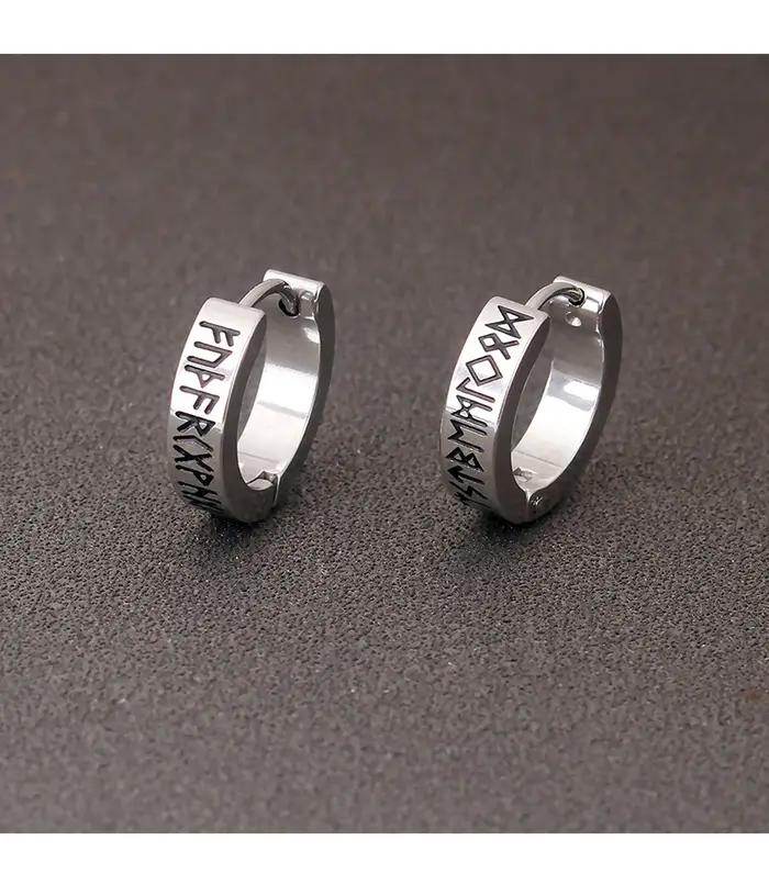 Boucles d'oreilles créoles Rune Viking pour hommes, couleur noir argent, religieux, en acier inoxyda