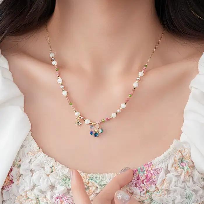 DREJEW Beizhu pierre rouge perles fleurs papillon collier pour femmes Dopamine vacances Style doux luxe concepteur bijoux