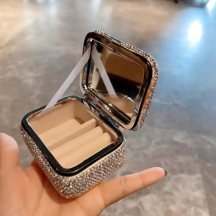 Mini Boîte à Bijoux Scintillante Avec Miroir Luxe Mallette De Rangement Colliers En Strass Diamant Pour Femme Occasions Spéciales