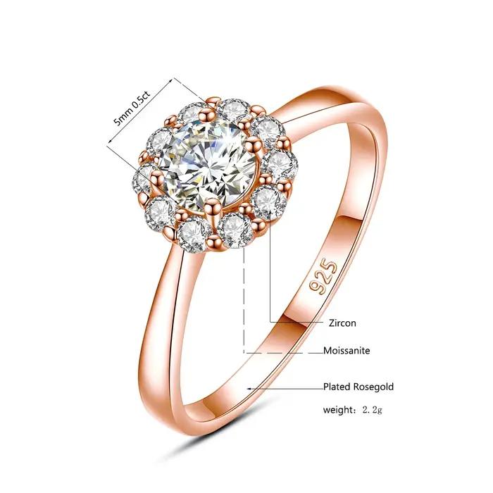 Bague en argent pur avec diamant Moissanite pour femme, bague fleur ignorante, matiques de fiançailles de mariage, bijoux pour femme, cadeau fille, 0,5 ct, 5mm