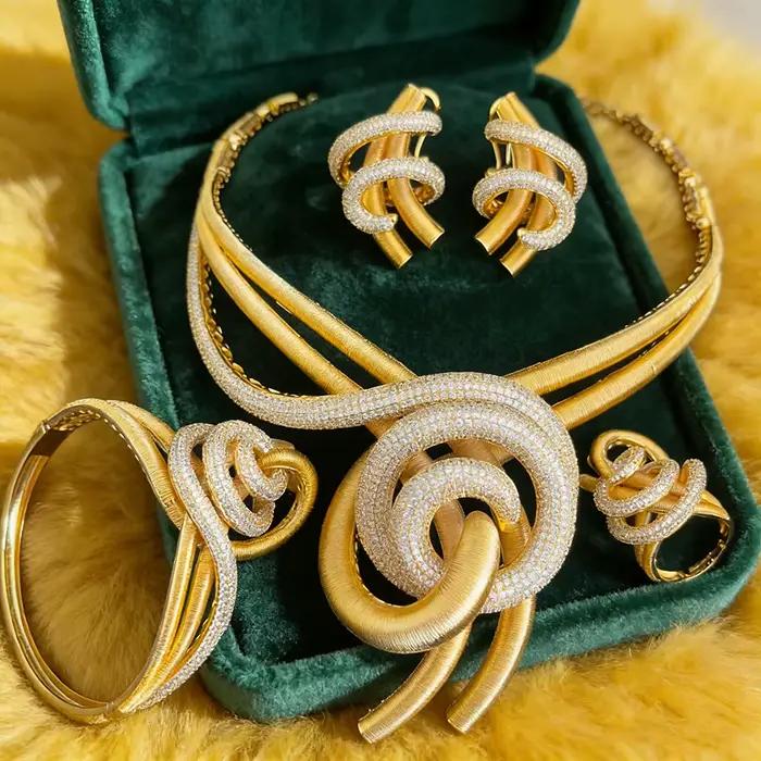 Ensemble de bijoux GODKI élégant en spirale, 4 pièces, plaqué or 18 carats, pour femmes, mariage, fête, zircon, bijoux de mariée indiens africains