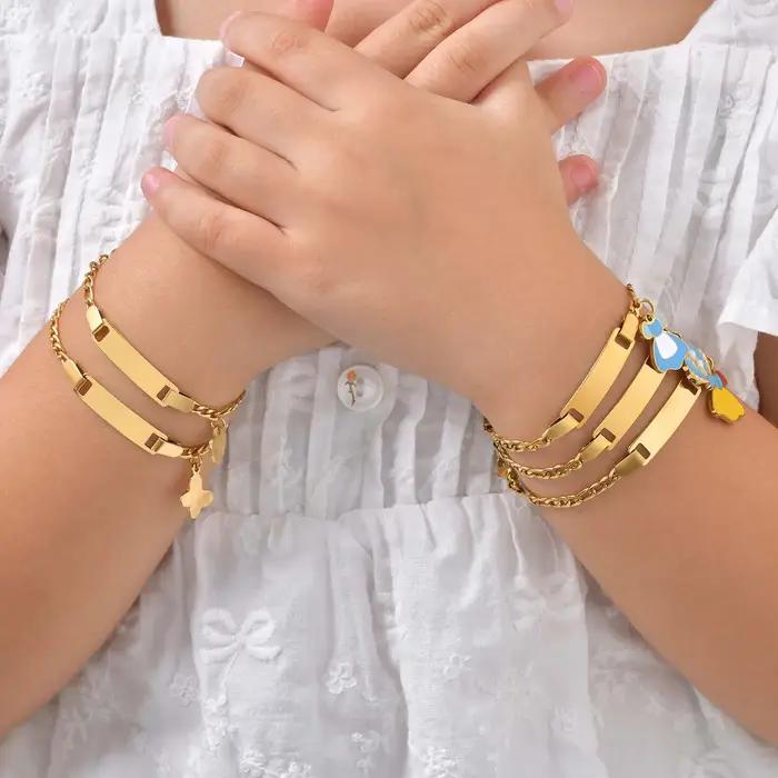 Bracelet d'Identification Personnalisé pour Enfants Acier Inoxydable Plaqués Or 18 Carats Pour Filles Occasions Spéciales Sécurité et Personnalisation
