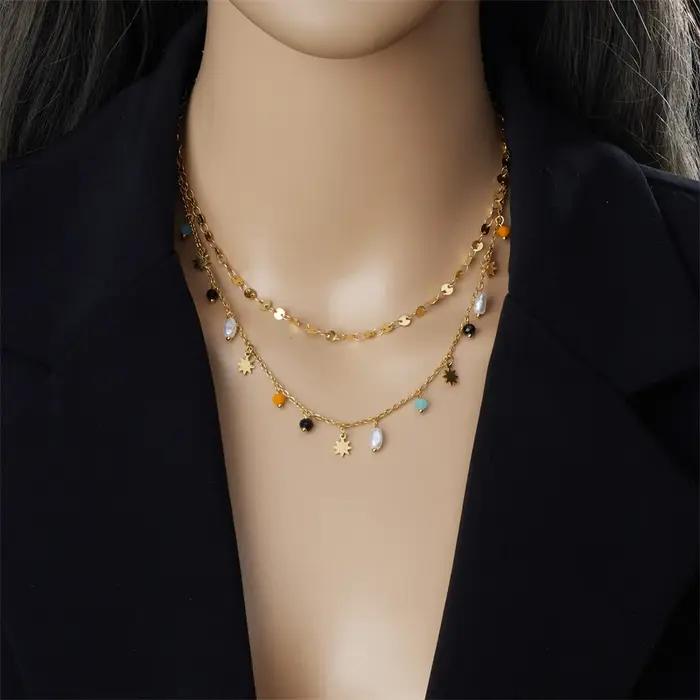 Collier Pentacle de Perles Géométriques en Acier Inoxydable Finition Or Jaune Clair Bijou Fait pour les Femmes Occasions Spéciales Protection Mystique