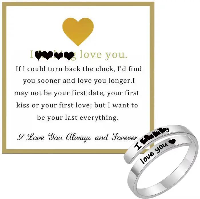 Bague « Je t’aime » pour femmes, bague de promesse ajustable en acier inoxydable avec motif en spira
