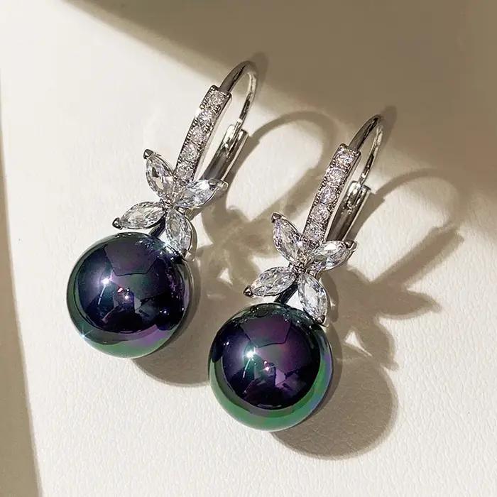 Boucles d'oreilles de luxe en perles noires/violetes pour femmes, en argent Sterling 925 massif, Cube en zircone cubique, crochet d'oreille, bijoux de mariage
