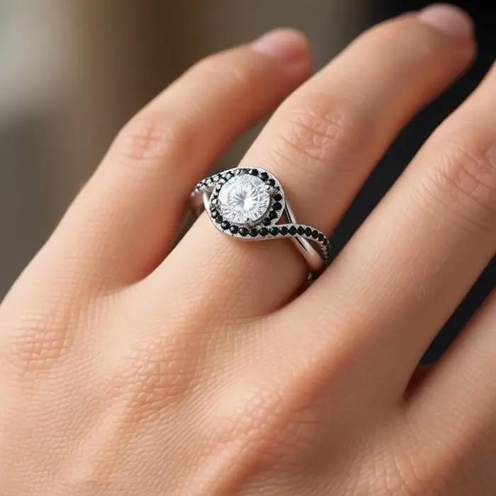 Blcak Awn 2026 Nouvelle bague de fiançailles tendance en spinelle noire couleur argent pour femme