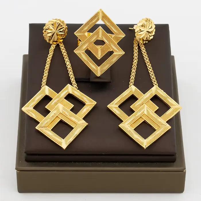Boucles d'oreilles pendantes et bague en cuivre plaqué or pour dames, ensemble de bijoux exquis, accessoires de bijoux de Dubaï