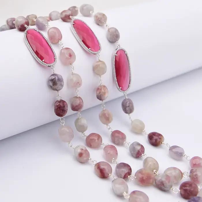 Collier de couches en tourmaline rose naturelle avec connecteur œil de chat rouge rosé pour femmes occasions spéciales