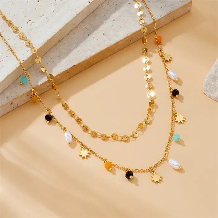 Collier Pentacle de Perles Géométriques en Acier Inoxydable Finition Or Jaune Clair Bijou Fait pour les Femmes Occasions Spéciales Protection Mystique