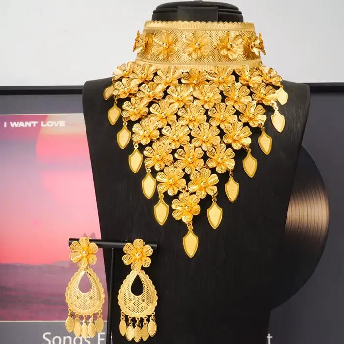 Parure de bijoux de luxe pour femmes nigérianes, collier à pampilles et boucles d'oreilles, motif fl