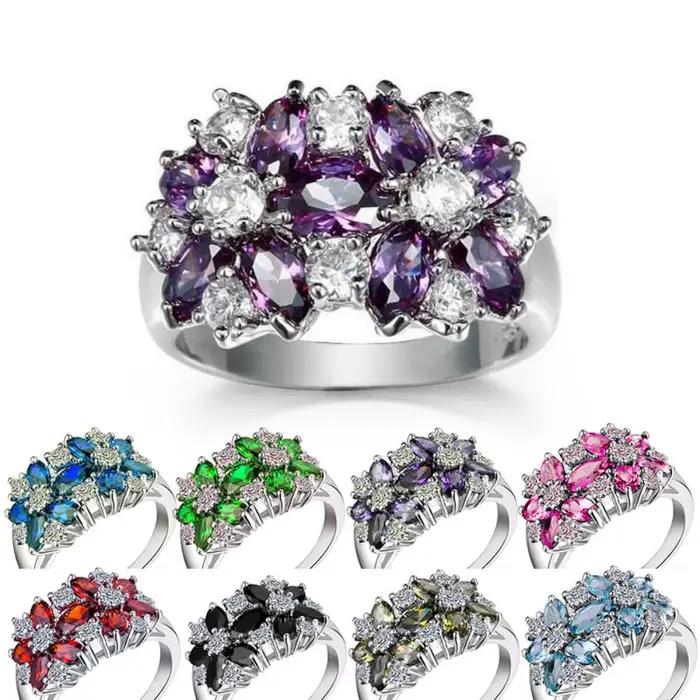 Bague de luxe créative pour femme en zircon 5A motif plante scintillante avec fonction tracker d'humeur et pierres colorées