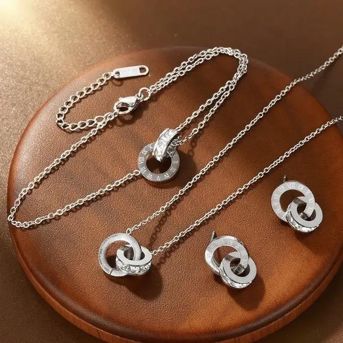 Femmes classiques chiffres romains bijoux ensemble en acier inoxydable polyvalent simple collier quotidien bracelet boucles d'oreilles accessoire
