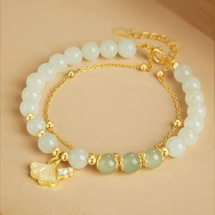 Hetian Jade Ginkgo Double couche Bracelet élégant luxueux bijoux faits à la main pour les femmes Premium cadeau choix S925 argent Sterling