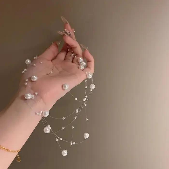 Collier de perles blanches Y2K design géométrique chaîne de pull multicouche ajustement réglable pour femmes soirées et événements sociaux
