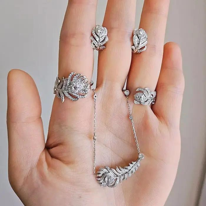 Ensemble de bijoux élégant pour femme avec collier, bague, bracelet et boucles d'oreilles en argent 925 plaqué or/rose, serti de zircon 5A étincelant, cadeau idéal
