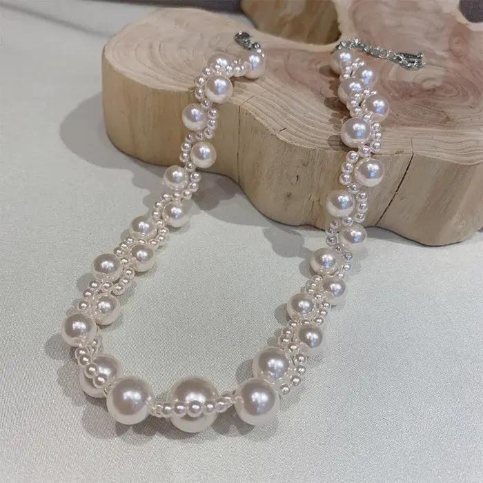 Collier élégant en grandes perles d'imitation, style français, avec nœud, collier ras-du-cou, chaîne