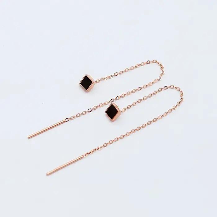Boucles d'oreilles carrées plaquées or rose 14 carats pour femmes, bijoux à chaîne simple, agate noi