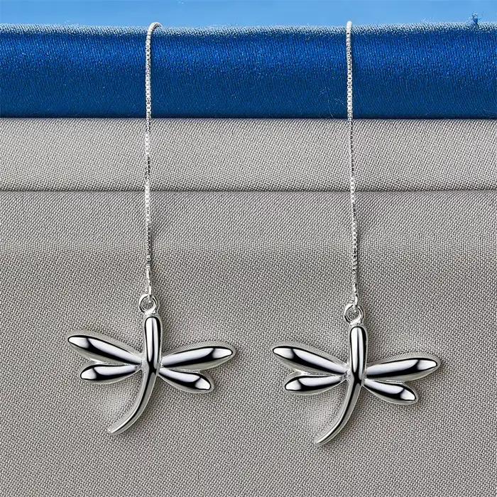 Boucles d'oreilles longues en argent sterling 925 avec motif libellule, charmantes et exquises, pour femmes, bijoux élégants pour cadeau de mariage