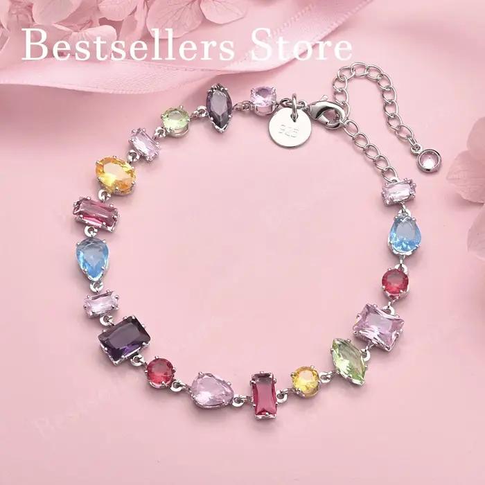 Bracelet de luxe en argent sterling 925 de 8 pouces avec zircon coloré exquis pour femmes, accessoires de bijoux de mariage à la mode