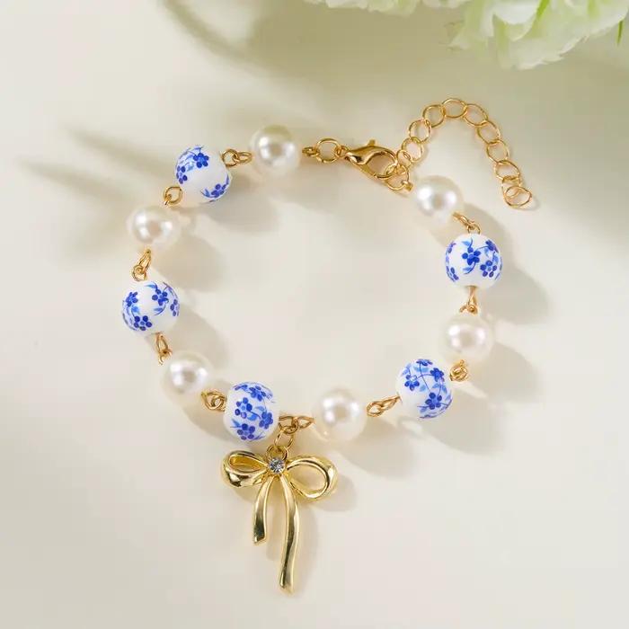 Bracelet en céramique et alliage de zinc à la mode avec nœud papillon pour femmes occasions spéciales vintage élégant doux pour fêtes