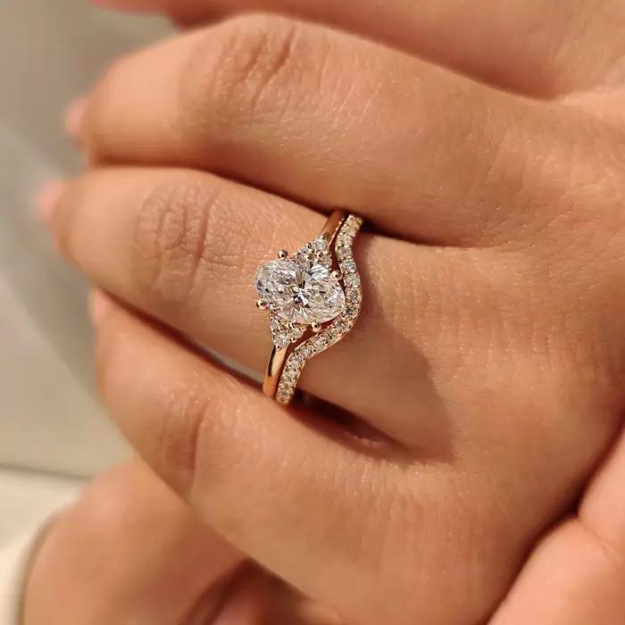 Bague de fiançailles en or massif 18K/14K avec diamant ovale de laboratoire 2.0CT, ensemble de bagues de mariage demi-éternité, certifié IGI E VS1