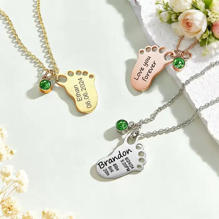 Collier personnalisé avec empreinte de pied de bébé et pierre de naissance pour enfants et femmes, gravure personnalisée des informations de naissance du bébé, cadeau d'anniversaire