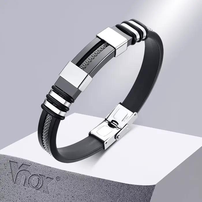 Vnox - Bracelet en acier inoxydable, bracelet pour homme, bracelet punk à maillons en silicone rainuré noir, bracelet punk élégant et décontracté