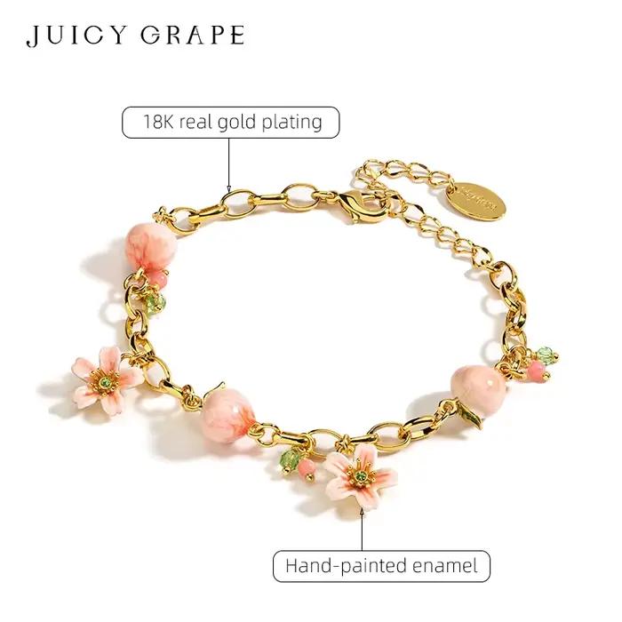 JUICY GRAPE-Bracelet Délicat pour Femme, Pêche à l'Eau et Fleurs, Bijoux Fins Réglables, Design en Émail Fait à la Main, Cadeau Parfait
