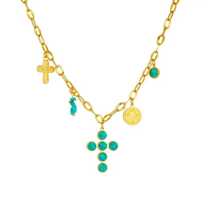 Collier avec pendentif croix turquoise en acier inoxydable 316 pour femmes et filles