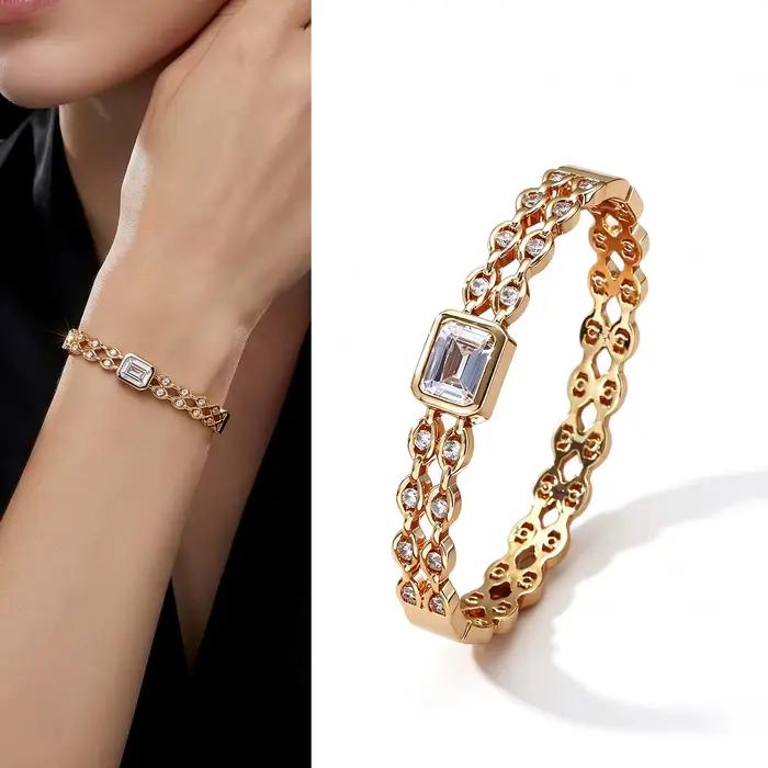 Bracelet de luxe en cristal baguette plaqué or 18 carats avec maillons de chaîne et zircone cubique pour femme