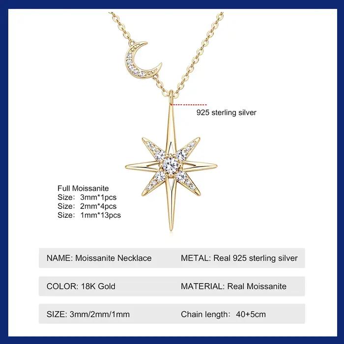 Collier en argent 100% Moissonite pour femmes, plaqué or 18 carats, étoile et lune, chaîne ras du cou, bijoux fins, cadeaux, occasions spéciales