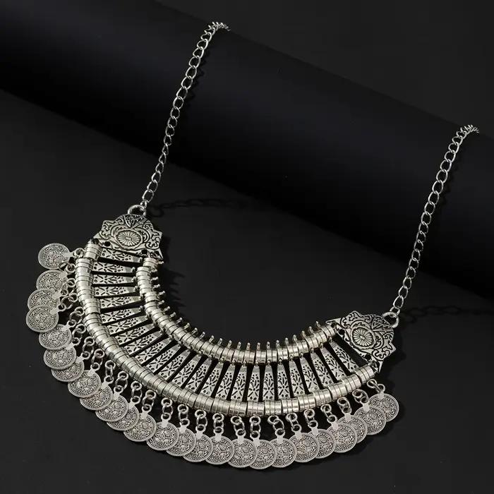 Collier ras du cou tendance pour femme, style Bohème Gypsy, avec pampilles et pièces de monnaie méta