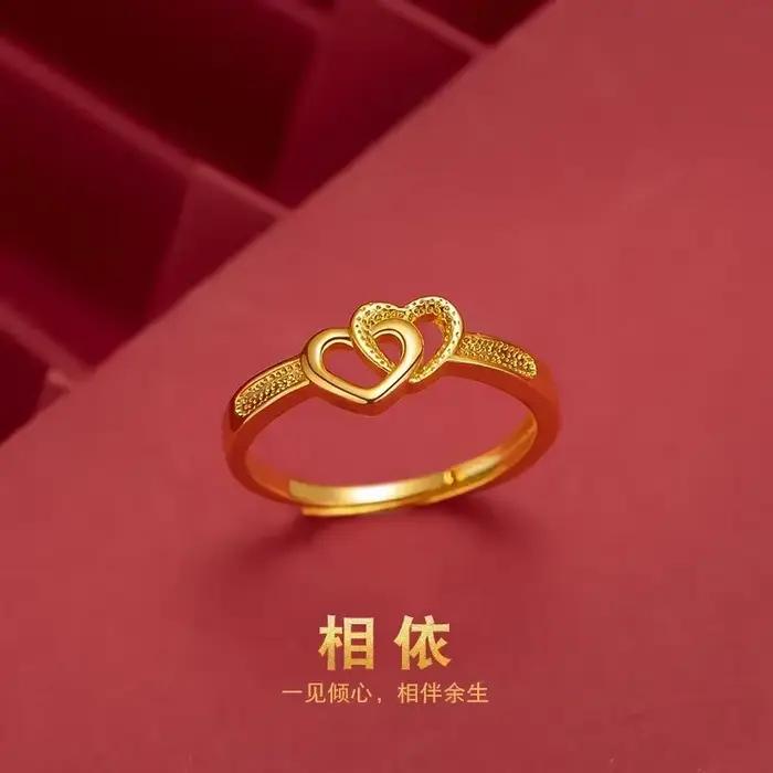 Bague pour femme Goldpure Double Cœur en or véritable 24K 9999, style japonais et coréen, ajustable,