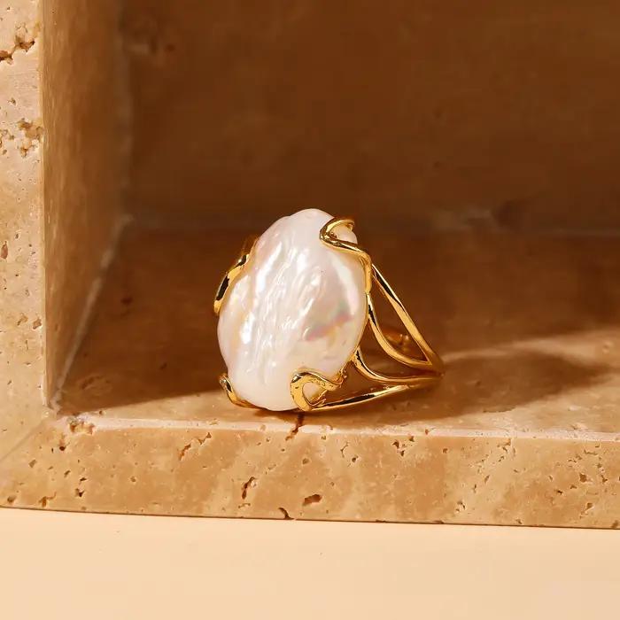 Bague en perles baroques d'eau douce naturelles, anneau réglable plaqué or pour femmes, bijoux éléga