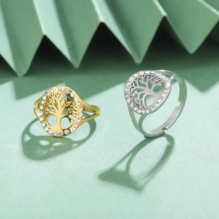 Skyrim arbre de vie clair Zircon rond anneau en acier inoxydable couleur or réglable femmes bagues amulette bijoux en gros