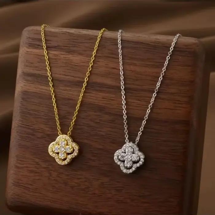 Collier avec pendentif trèfles viraux classiques plaqués or 18 carats 2 en 1 Convertible pour femmes, bijoux en acier titane, accessoires cadeaux