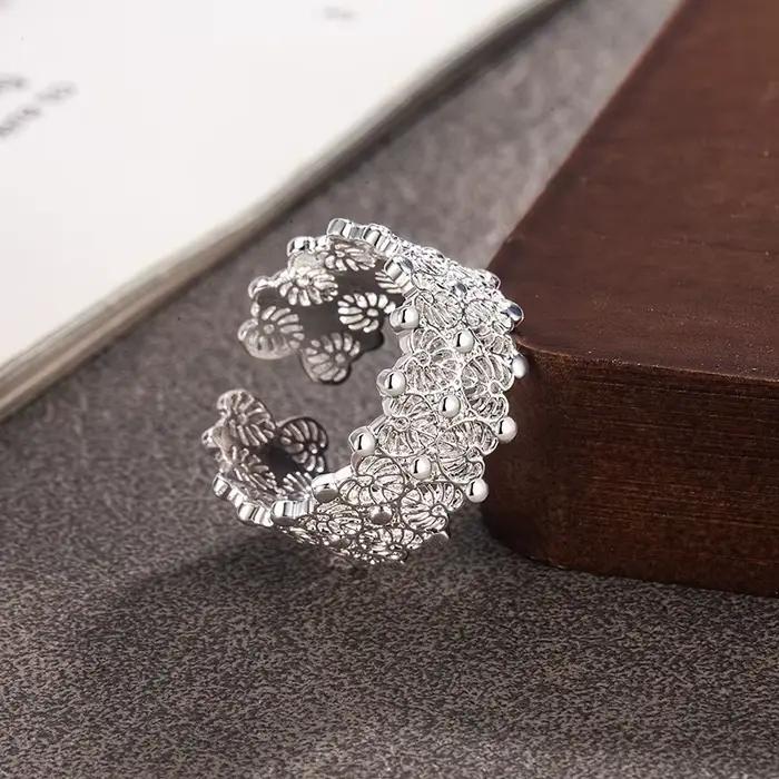 Bagues en argent Sterling 925 pour femmes, Vintage, faites à la main, réglables, rétro, à fleurs, creuses, à la mode, Bijoux féminins, cadeau