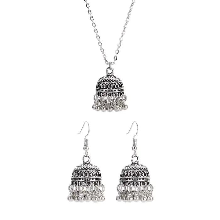 Ensemble de bijoux de mariage ethnique indien pour mariée, couleur argent, cloches sculptées, collie