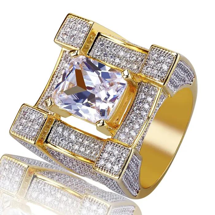 Nouvelle bague hip-hop large dorée en zircone cubique effet glace, bijou géométrique pour homme, sty