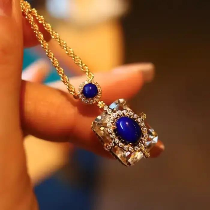 Collier en Lapis Lazuli en Argent 925 pour Femme, Design Original, Observateur, Luxe, Clip Blanc, Pendentif Carré, Clavicule Bleue, Bijoux Occasions Spéciales