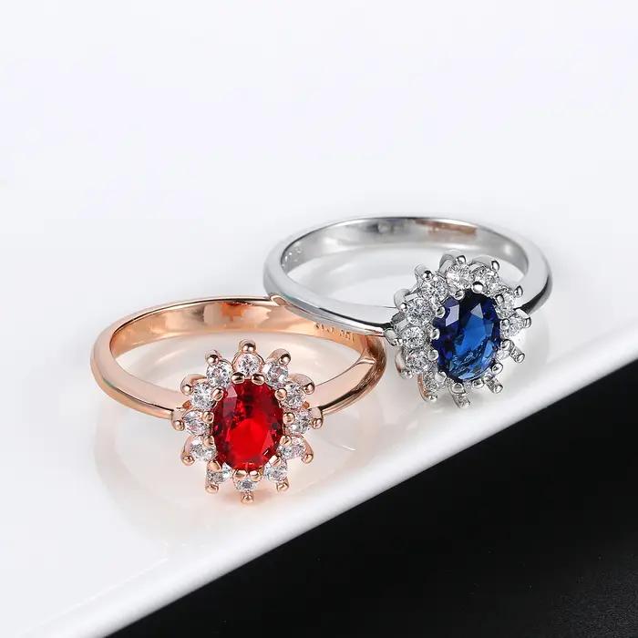 Bague de mariage classique en cristal rouge et bleu royal, élégante bague de fiançailles en zircone cubique pour femmes, idéale pour les mariages et les occasions spéciales